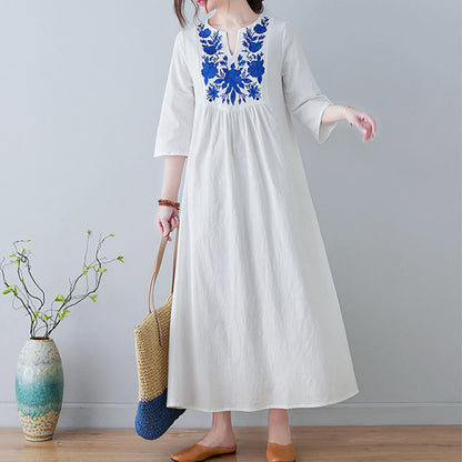 Buddha Stones Casual Bohemia Embroidery Floral Simple Design Three Quarter Sleeve V-Neck Cotton Linen Maxi Dress