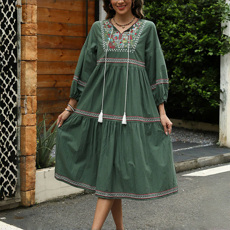 Buddha Stones DarkGreen Retro Ethnic Embroidery Long Lantern Sleeve Linen Cotton Midi Dress
