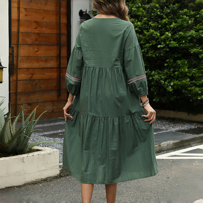 Buddha Stones DarkGreen Retro Ethnic Embroidery Long Lantern Sleeve Linen Cotton Midi Dress