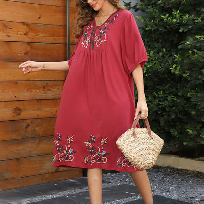 Buddha Stones Indianred Retro Ethnic Embroidery Long Lantern Sleeve Cotton Midi Dress