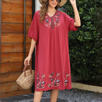 Buddha Stones Indianred Retro Ethnic Embroidery Long Lantern Sleeve Cotton Midi Dress