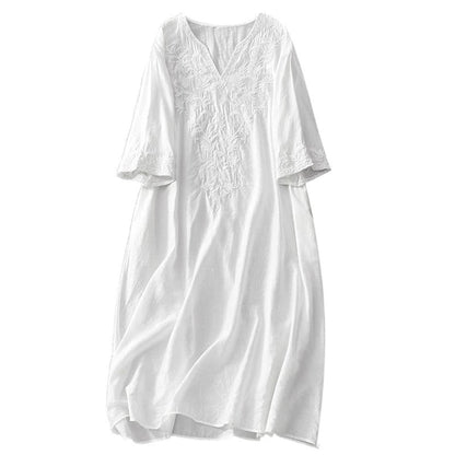 Buddha Stones Summer White Pure Color Embroidery Leaf Flower V-Neck Short Sleeve Midi Dress With Pockets