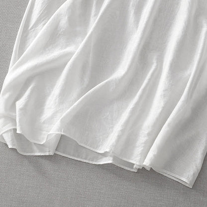 Buddha Stones Summer White Pure Color Embroidery Leaf Flower V-Neck Short Sleeve Midi Dress With Pockets
