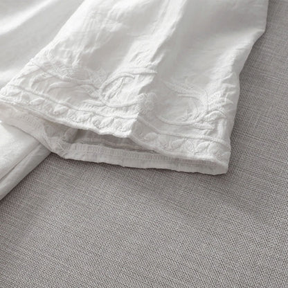 Buddha Stones Summer White Pure Color Embroidery Leaf Flower V-Neck Short Sleeve Midi Dress With Pockets