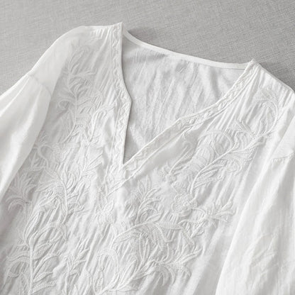 Buddha Stones Summer White Pure Color Embroidery Leaf Flower V-Neck Short Sleeve Midi Dress With Pockets