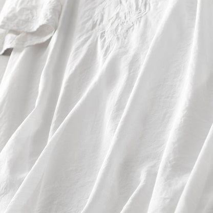 Buddha Stones Summer White Pure Color Embroidery Leaf Flower V-Neck Short Sleeve Midi Dress With Pockets