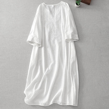 Buddha Stones Summer White Pure Color Embroidery Leaf Flower V-Neck Short Sleeve Midi Dress With Pockets