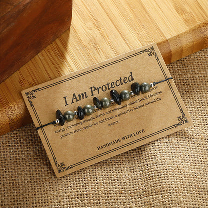Buddha Stones I Am Protected Iron Pyrite Black Obsidian Fulfillment Bracelet