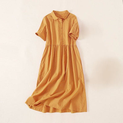 Buddha Stones Summer Buttons Design Short Sleeve Cotton Linen Midi Dress With Pockets