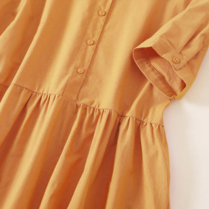 Buddha Stones Summer Buttons Design Short Sleeve Cotton Linen Midi Dress With Pockets