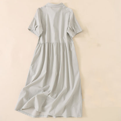 Buddha Stones Summer Buttons Design Short Sleeve Cotton Linen Midi Dress With Pockets