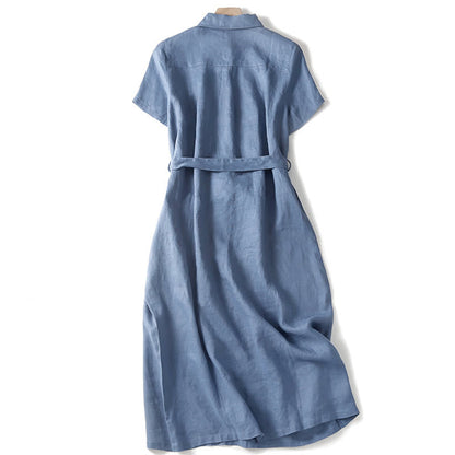 Buddha Stones Summer Lace-up Plain Short Sleeve Cotton Midi Dress With Pockets