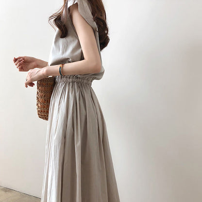 Buddha Stones Casual Eastic Waist Drawstring Design Short Sleeve Cotton Linen Midi Dress