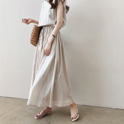 Buddha Stones Casual Eastic Waist Drawstring Design Short Sleeve Cotton Linen Midi Dress