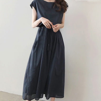 Buddha Stones Casual Eastic Waist Drawstring Design Short Sleeve Cotton Linen Midi Dress