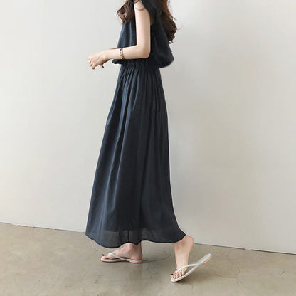 Buddha Stones Casual Eastic Waist Drawstring Design Short Sleeve Cotton Linen Midi Dress