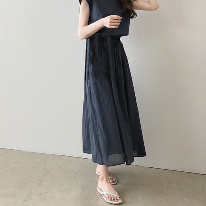 Buddha Stones Casual Eastic Waist Drawstring Design Short Sleeve Cotton Linen Midi Dress