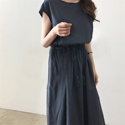 Buddha Stones Casual Eastic Waist Drawstring Design Short Sleeve Cotton Linen Midi Dress