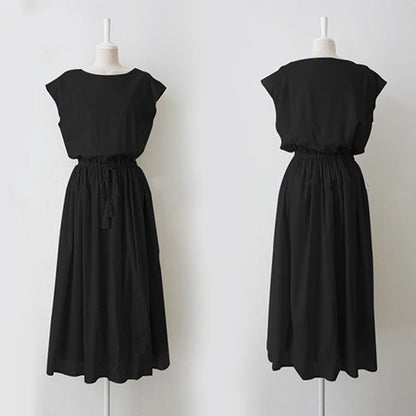 Buddha Stones Casual Eastic Waist Drawstring Design Short Sleeve Cotton Linen Midi Dress