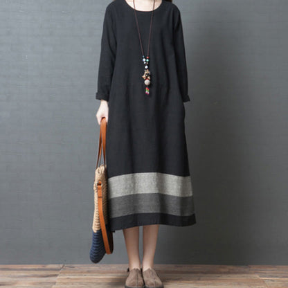 Buddha Stones Casual Stripes Long Sleeve Cotton Linen Midi Dress With pockets