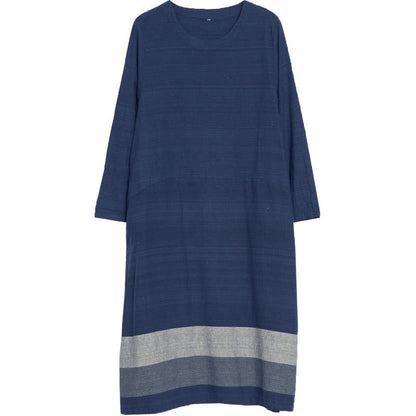 Buddha Stones Casual Stripes Long Sleeve Cotton Linen Midi Dress With pockets