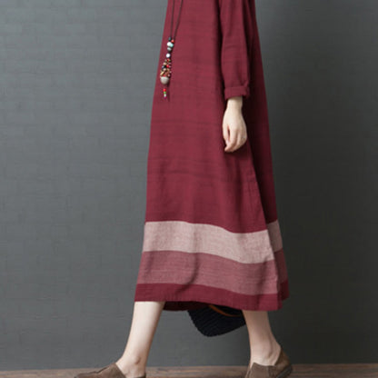 Buddha Stones Casual Stripes Long Sleeve Cotton Linen Midi Dress With pockets