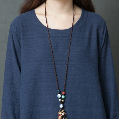 Buddha Stones Casual Stripes Long Sleeve Cotton Linen Midi Dress With pockets