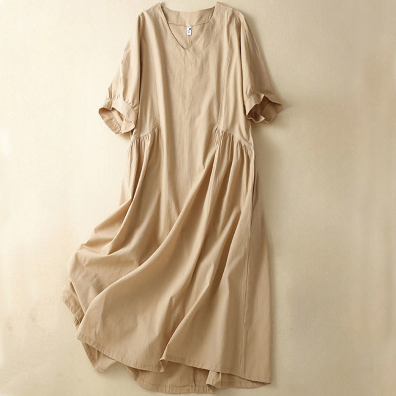 Buddha Stones Casual Pure Color Design Short Sleeve V-Neck Cotton Midi Dress With Pockets