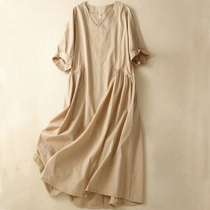 Buddha Stones Casual Pure Color Design Short Sleeve V-Neck Cotton Midi Dress With Pockets