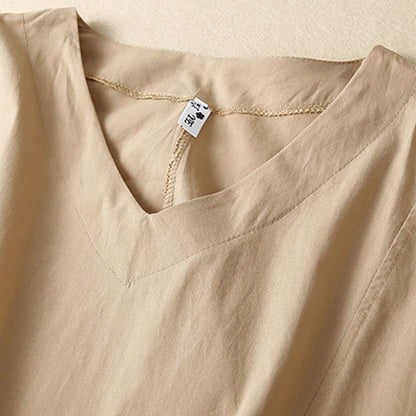 Buddha Stones Casual Pure Color Design Short Sleeve V-Neck Cotton Midi Dress With Pockets