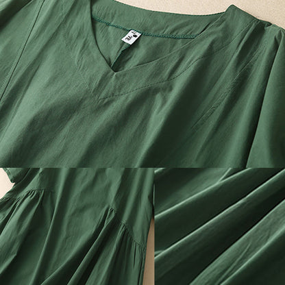 Buddha Stones Casual Pure Color Design Short Sleeve V-Neck Cotton Midi Dress With Pockets