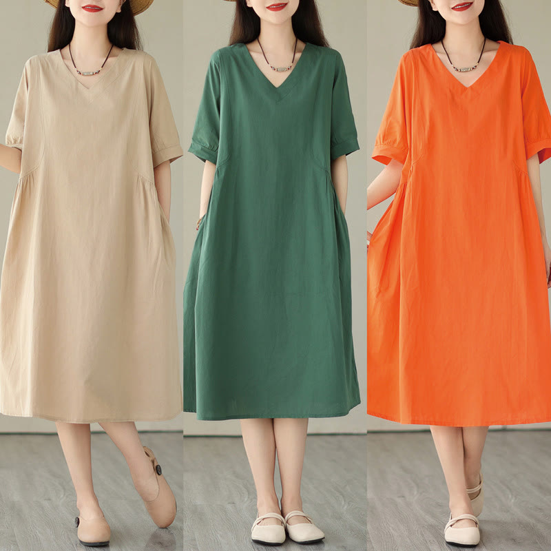 Buddha Stones Casual Pure Color Design Short Sleeve V-Neck Cotton Midi Dress With Pockets