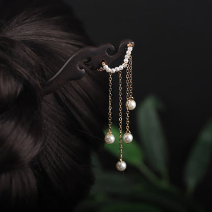 Buddha Stones Ebony Shell Flower Pearl Tassel Blessing Hairpin