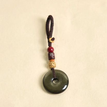 Buddha Stones Natural Gold Sheen Obsidian Peace Buckle Strengthen Key Chain