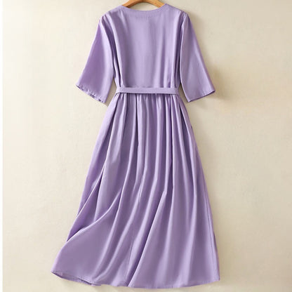 Buddha Stones Summer Orchid Embroidery Lace-Up V-Neck Half Sleeve Cotton Linen Midi Dress With Pockets