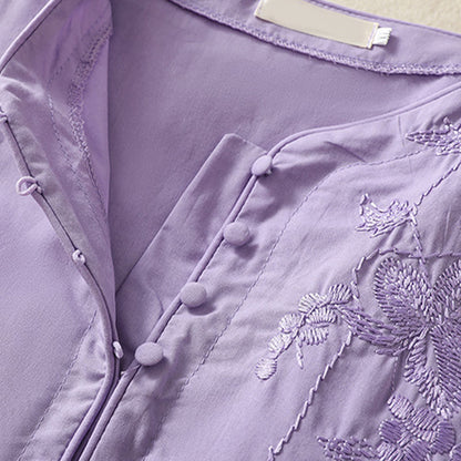 Buddha Stones Summer Orchid Embroidery Lace-Up V-Neck Half Sleeve Cotton Linen Midi Dress With Pockets