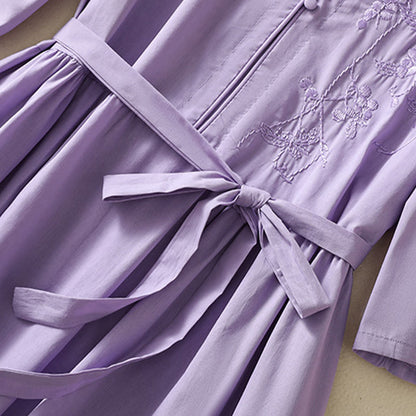 Buddha Stones Summer Orchid Embroidery Lace-Up V-Neck Half Sleeve Cotton Linen Midi Dress With Pockets