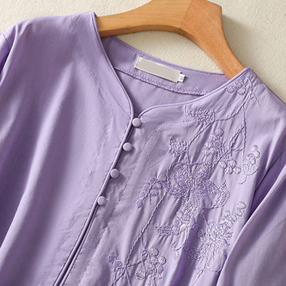 Buddha Stones Summer Orchid Embroidery Lace-Up V-Neck Half Sleeve Cotton Linen Midi Dress With Pockets
