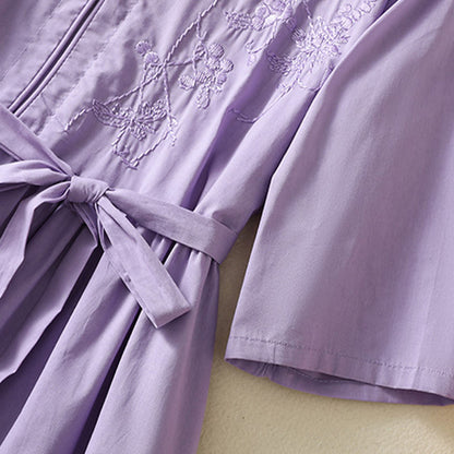 Buddha Stones Summer Orchid Embroidery Lace-Up V-Neck Half Sleeve Cotton Linen Midi Dress With Pockets