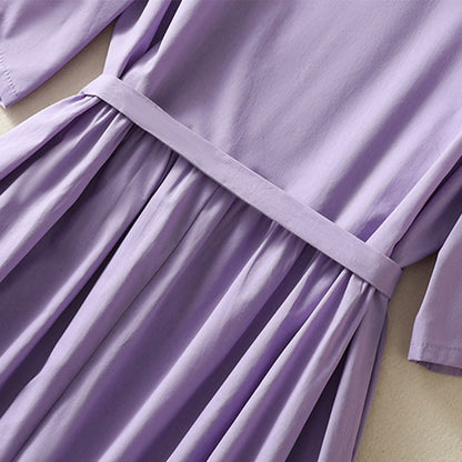 Buddha Stones Summer Orchid Embroidery Lace-Up V-Neck Half Sleeve Cotton Linen Midi Dress With Pockets