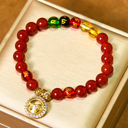 Buddha Stones Red Agate Om Mani Padme Hum Five Directions Gods of Wealth Zircon Cyclone Charm Self-acceptance Bracelet