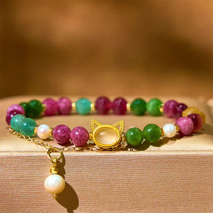 Buddha Stones Colorful Tourmaline Lucky Cat Positive Bracelet