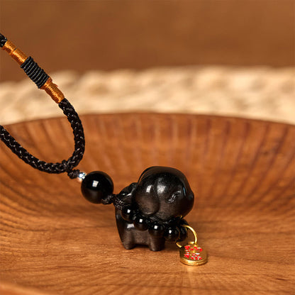 Buddha Stone Silver Sheen Obsidian Puppy Dog Fu Character Protection Necklace Phone Hanging Decoration