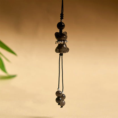 Buddha Stone Natural Silver Sheen Obsidian Noble Kitten Cat Soothing Phone Hanging Decoration