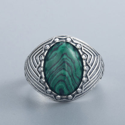 Buddha Stones Oval Vintage 925 Sterling Silver Malachite Bead Calmness Ring