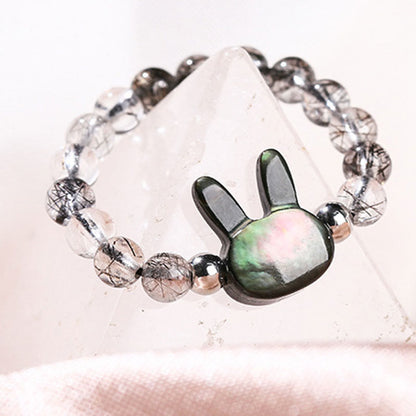 Buddha Stones 3mm Black Rutilated Quartz Tridacna Stone Rabbit Cat Ring