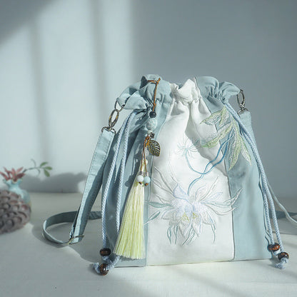 Buddha Stones Embroidered Green Pear Blue Epiphyllum Canvas Tote Crossbody Bag Shoulder Bag Handbag