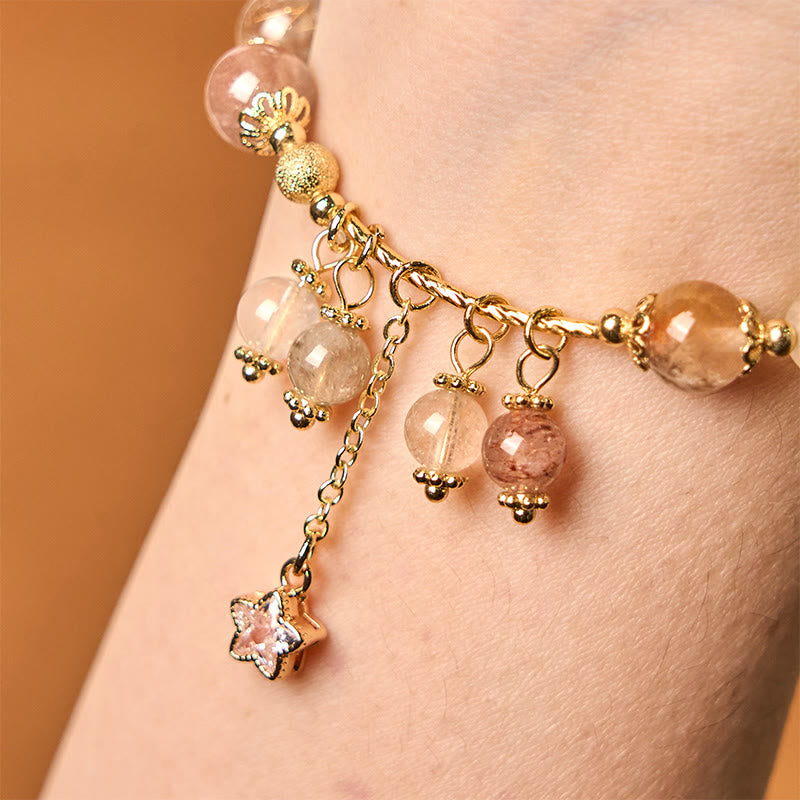 Buddha Stones Natural Colored Yellow Rutilated Quartz Four Leaf Clover Star Auspiciousness Bracelet