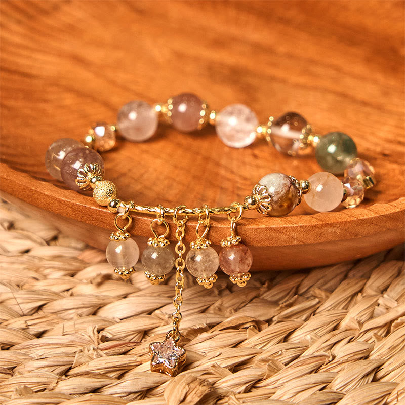 Buddha Stones Natural Colored Yellow Rutilated Quartz Four Leaf Clover Star Auspiciousness Bracelet