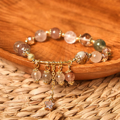 Buddha Stones Natural Colored Yellow Rutilated Quartz Four Leaf Clover Star Auspiciousness Bracelet